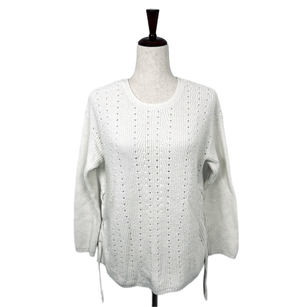 Talbots Cotton Blend Pullover Sweater Lace Up Split Sides. Ivory. PM #419 - Picture 2 of 9